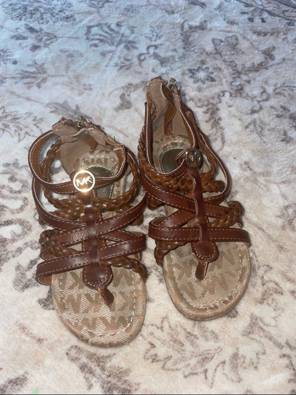 Michael Kors Girls' Brown Braided Leather Gladiator Sandals with MK Charm